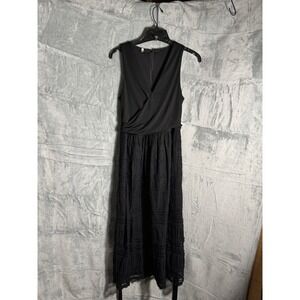 Eli Tahari Black Sleeveless faux Wrap Front Lace Midi Dress‎ Size S lace detail